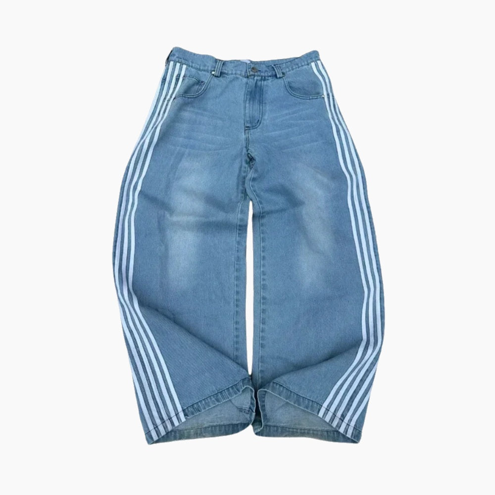 Embroidered Striped Baggy Jeans - Black/White