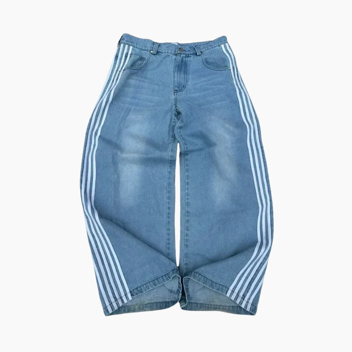 Embroidered Striped Baggy Jeans - Black/White