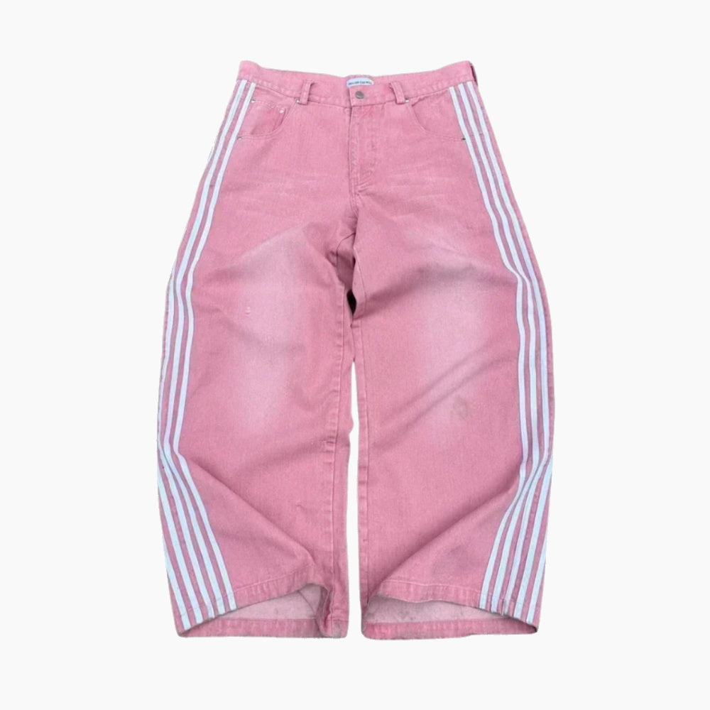 Embroidered Striped Baggy Jeans - Black/White