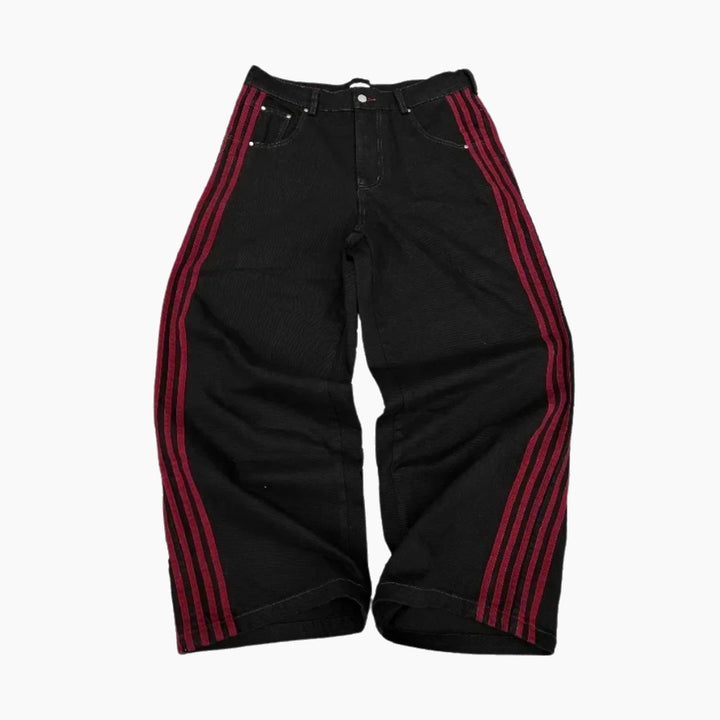 Embroidered Striped Baggy Jeans - Black/White