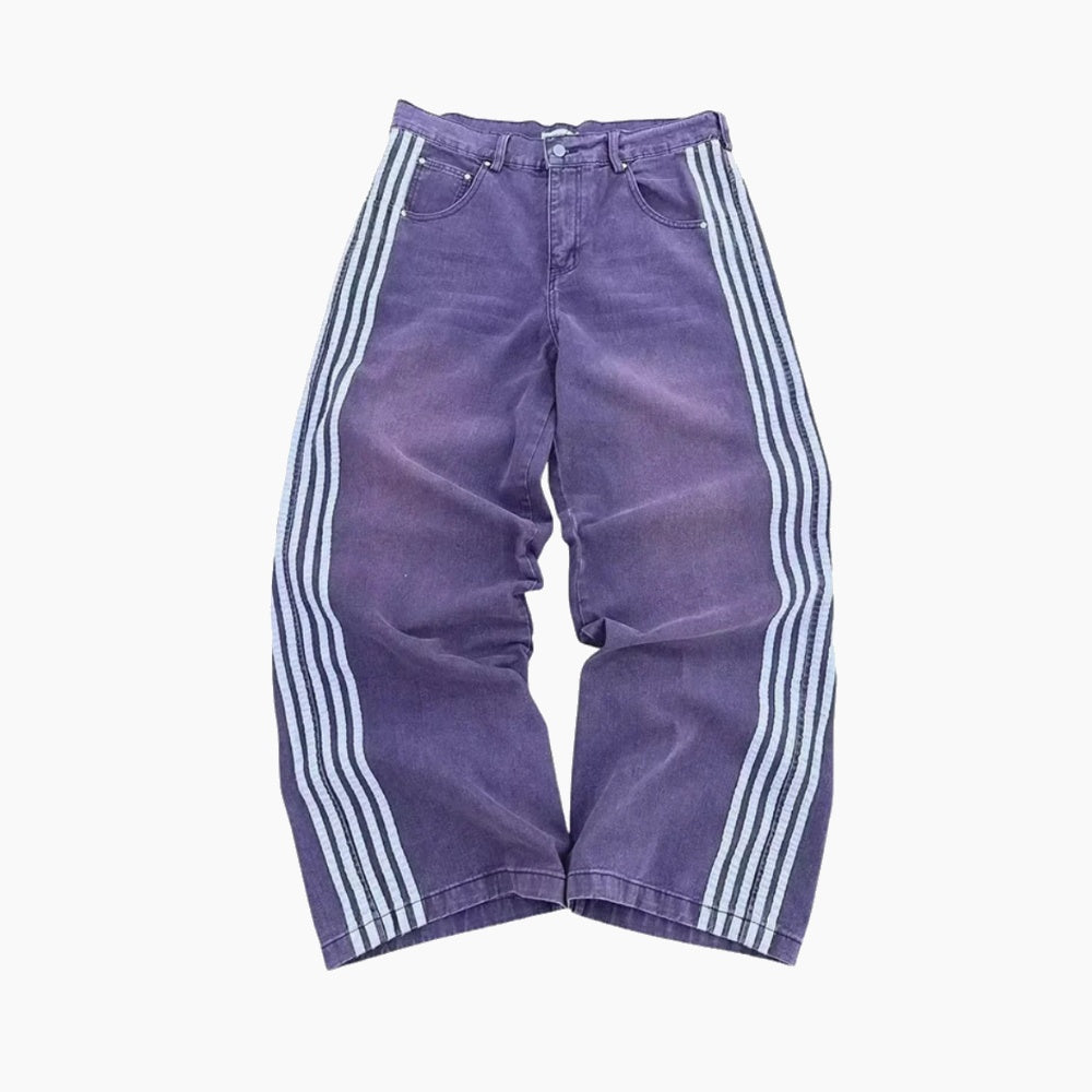 Embroidered Striped Baggy Jeans - Black/White