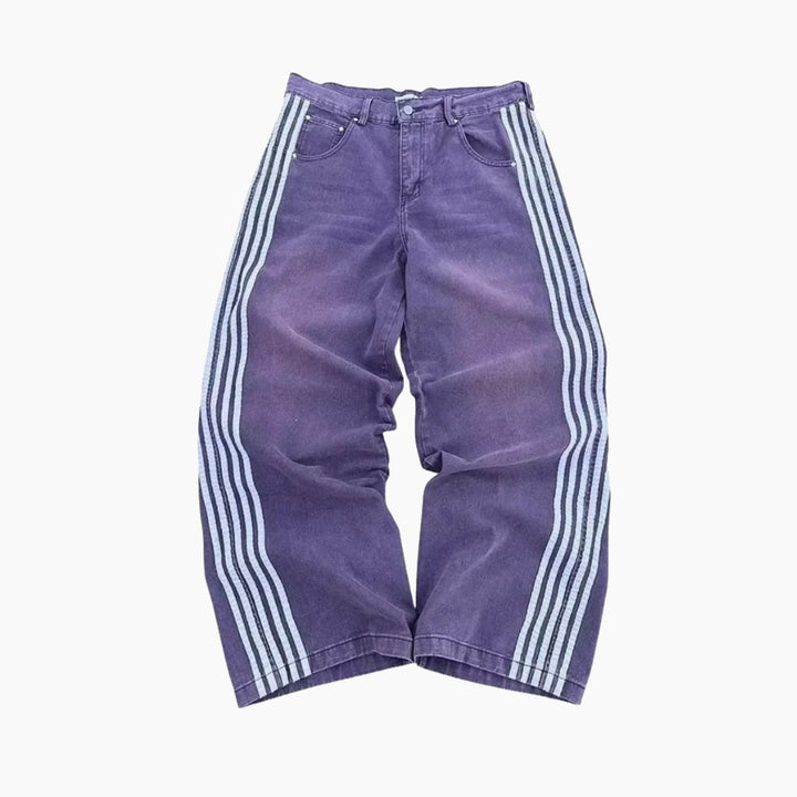 Embroidered Striped Baggy Jeans - Black/White