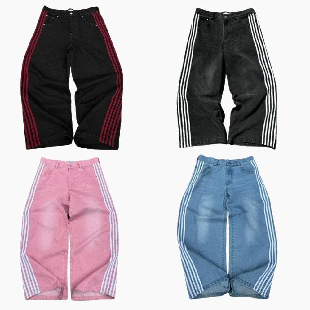 Embroidered Striped Baggy Jeans - Black/White