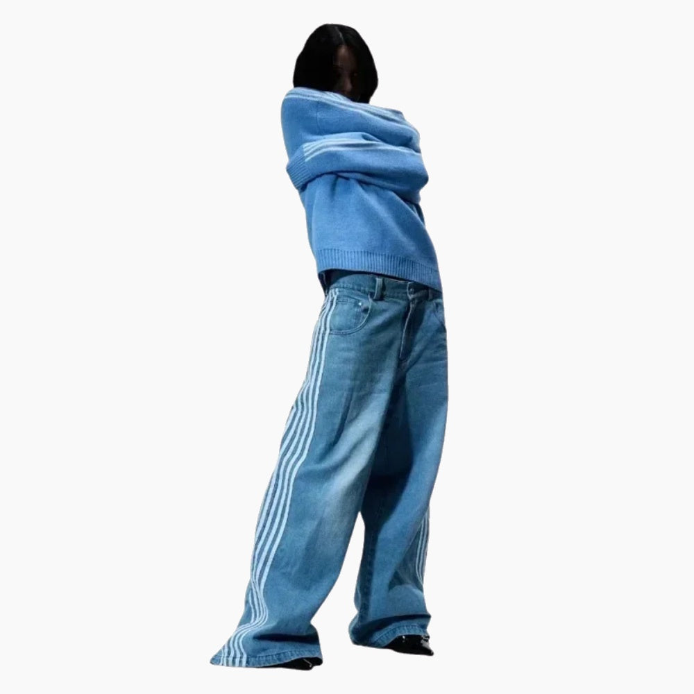 Embroidered Striped Baggy Jeans - Black/White
