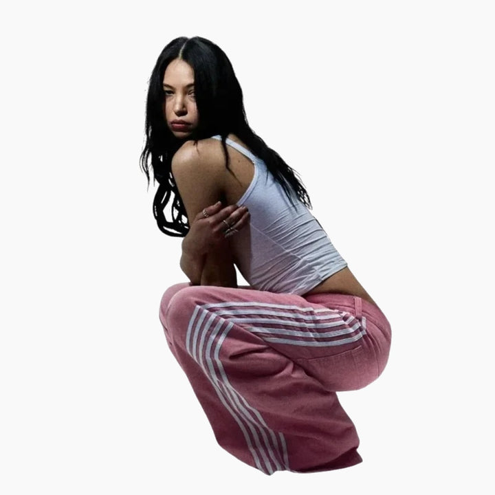 Embroidered Striped Baggy Jeans - Black/White