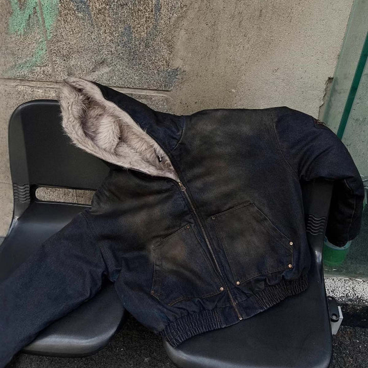 Cotton Washed Fur Hooded Jacket - 2265