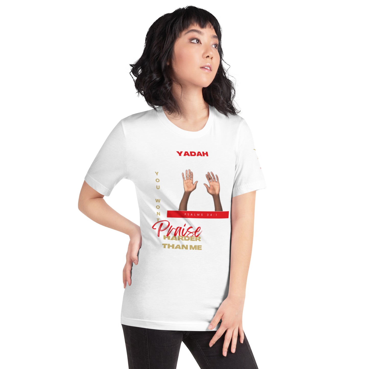 Yadah Praise Unisex (White) T-shirt (Front & Sleeve)